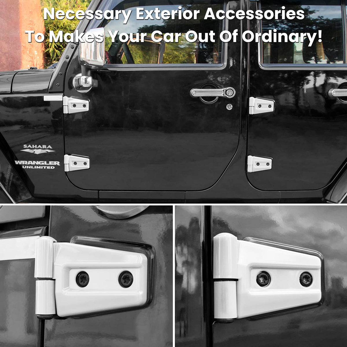 E-cowlboy installed on a 2-door Jeep Wrangler front hinge shows clean finished look