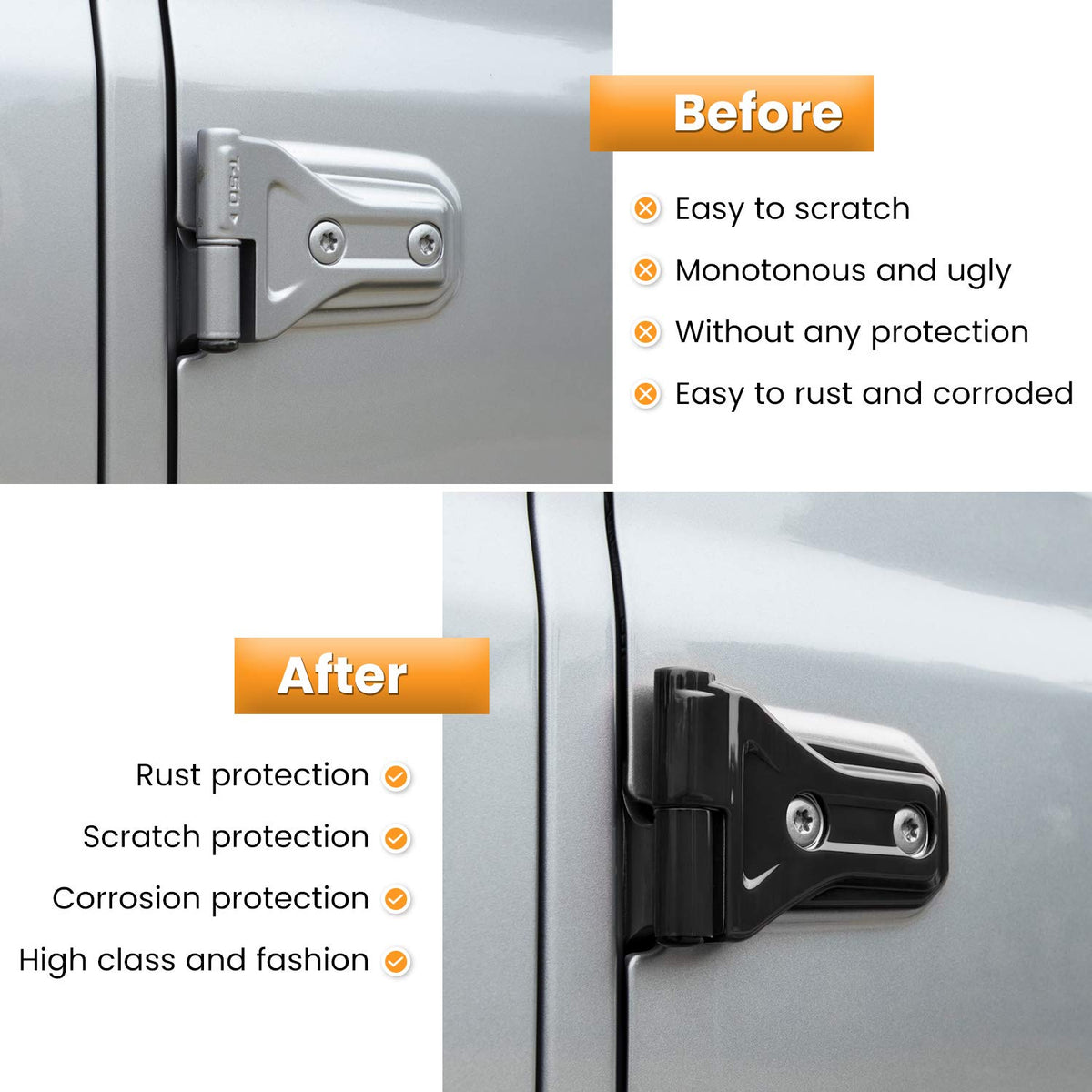 E-cowlboy installed on Jeep rear hinge preventing scratches and corrosion
