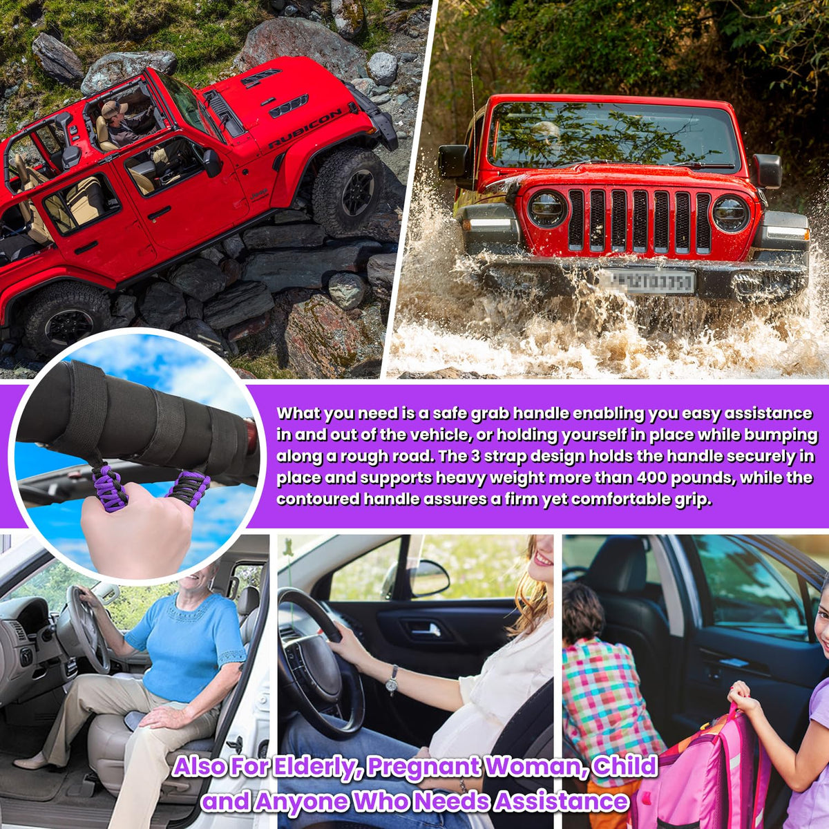 E-cowlboy handle installed on Jeep Wrangler passenger roll bar, helps steady passengers