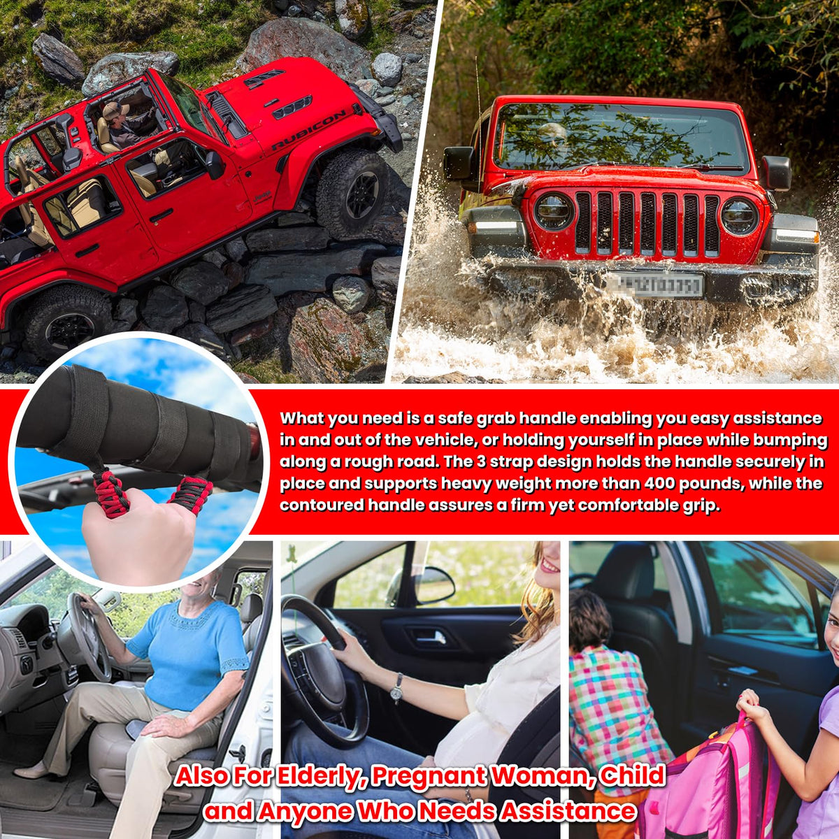 E-cowlboy handles installed on Jeep Wrangler front roll bar for safer entry