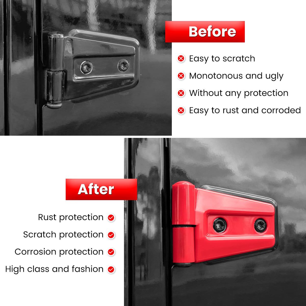 E-cowlboy installed on rear door hinge detail protecting paint from scratches