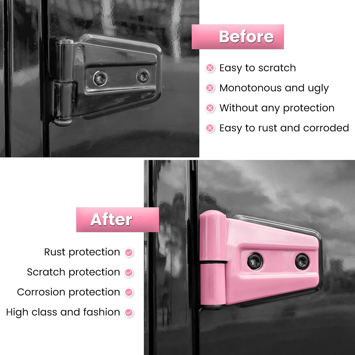 E-cowlboy installed on rear right door hinge preventing scratches and corrosion