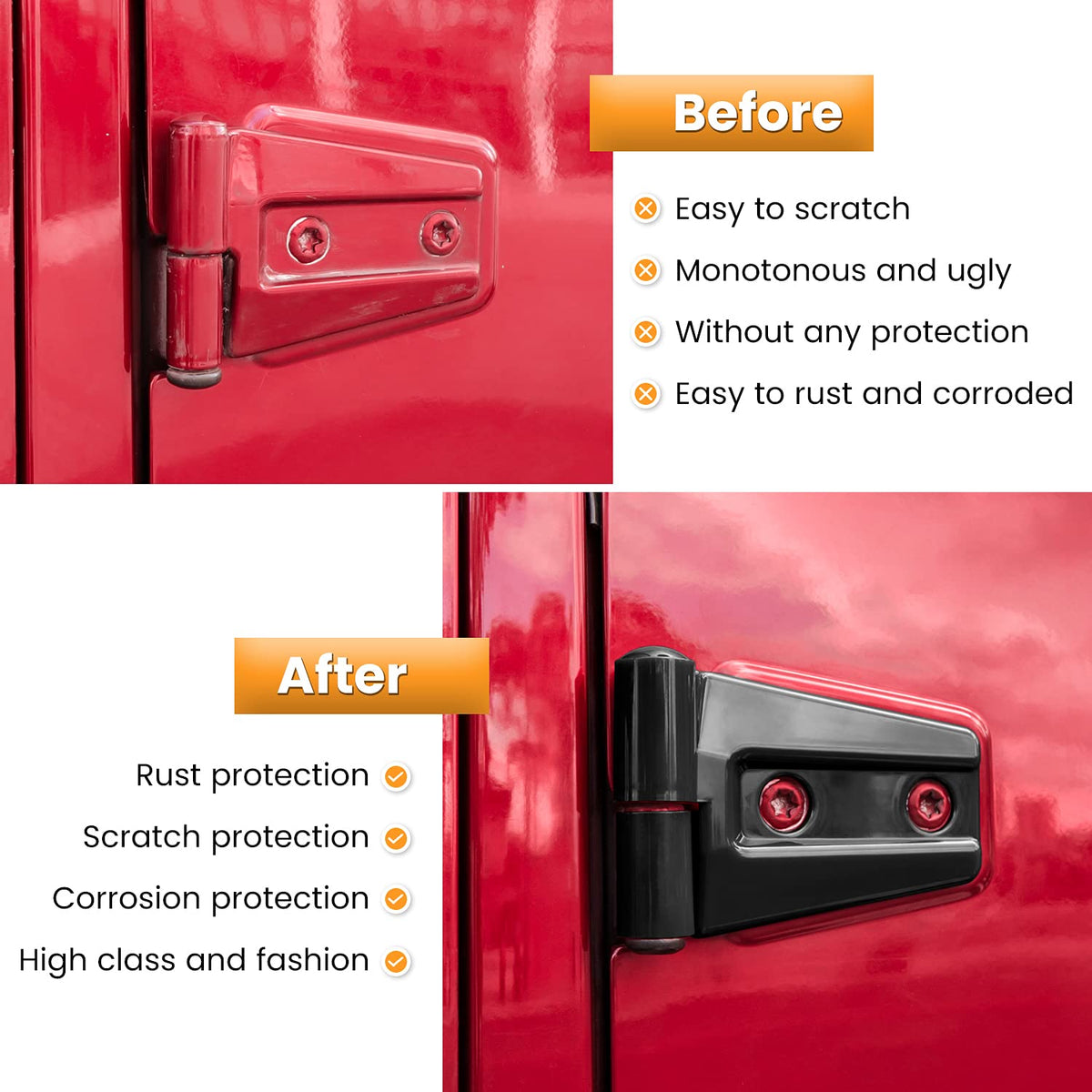 Rear hinge detail with E-cowlboy cover preventing rust exposure
