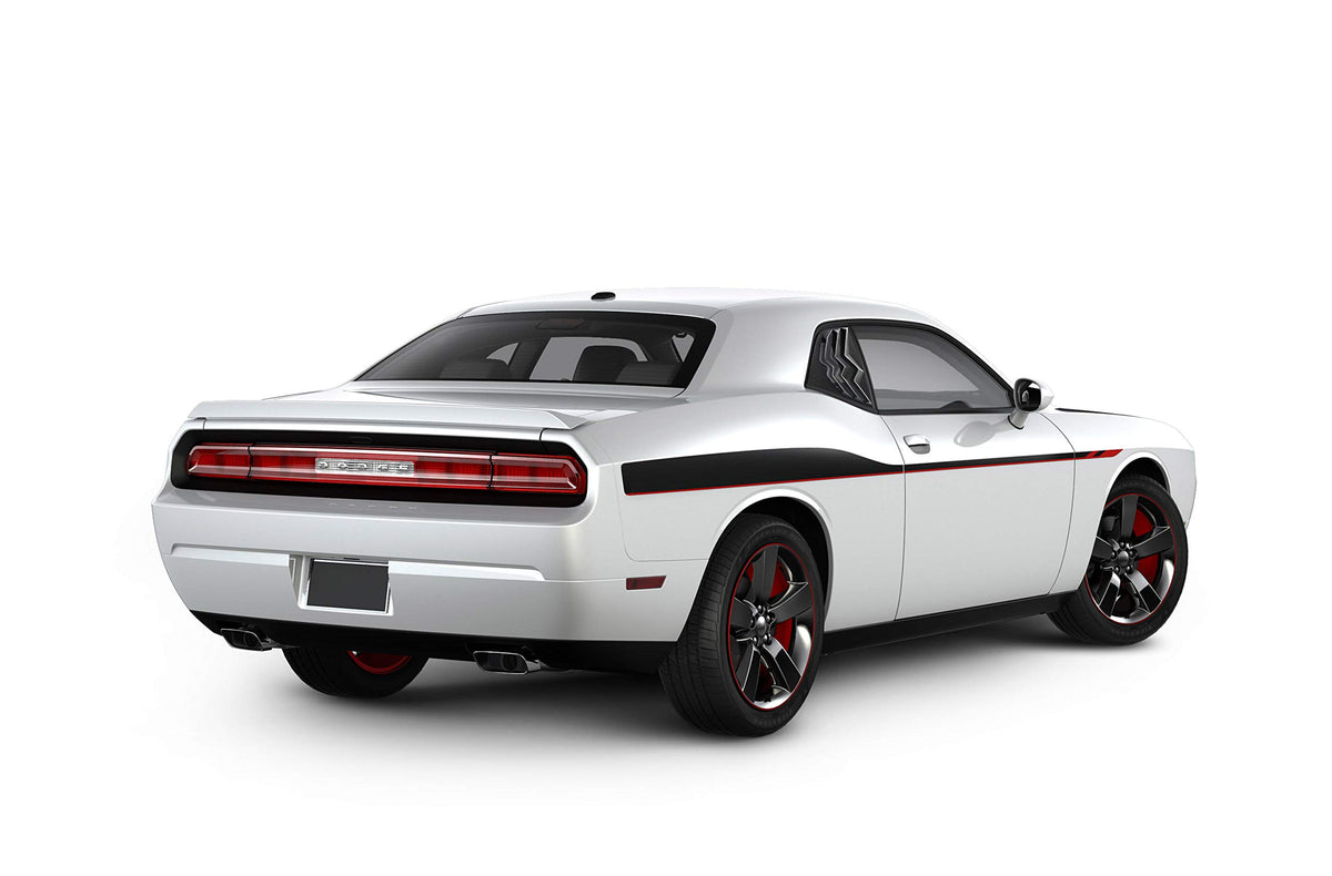 E-cowlboy louvers on Challenger in garage lifestyle shot emphasizing bold look and sun-shade advantage