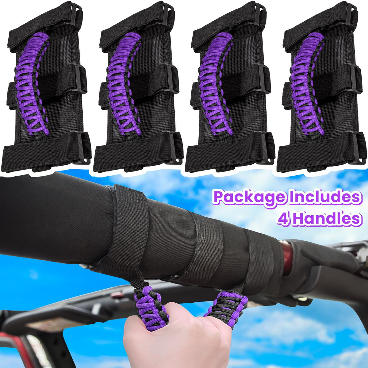 E-cowlboy set of four purple handles laid flat showing straps and stitching quality