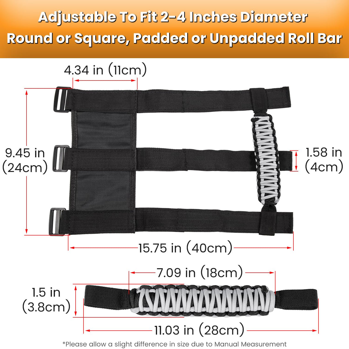 E-cowlboy handle beside ruler showing fit for 2–4 inch bars