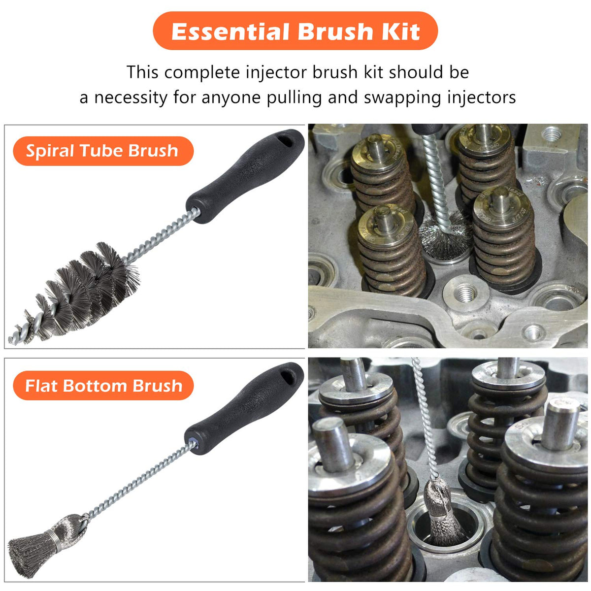 E-cowlboy spiral tube brush close-up showing stainless steel filaments for deep cleaning