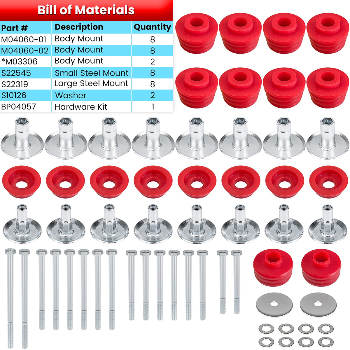 E-cowlboy plated steel sleeves and hardware laid out to show included parts and fit