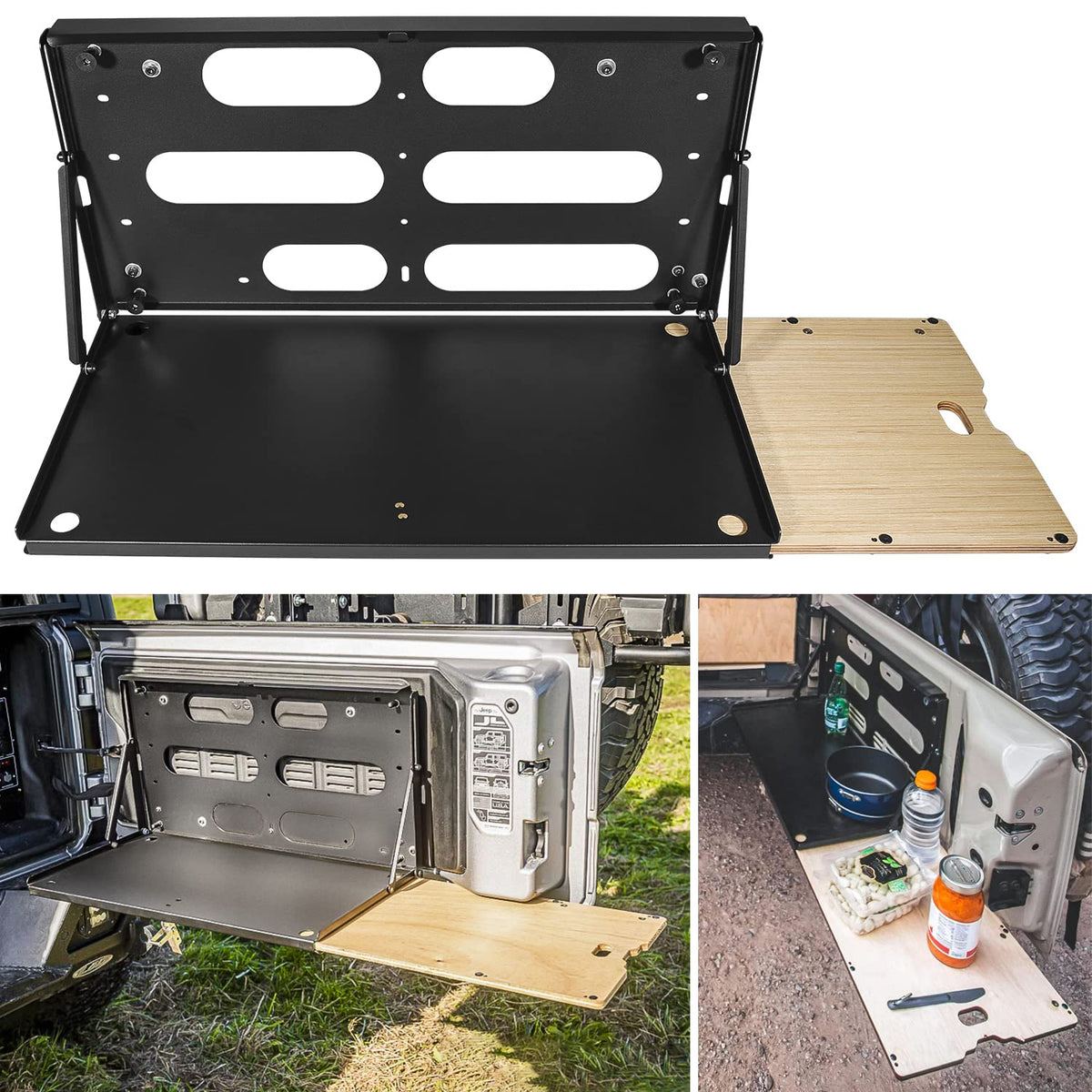 E-cowlboy front view showing table mounted on Jeep rear door for stable workspace