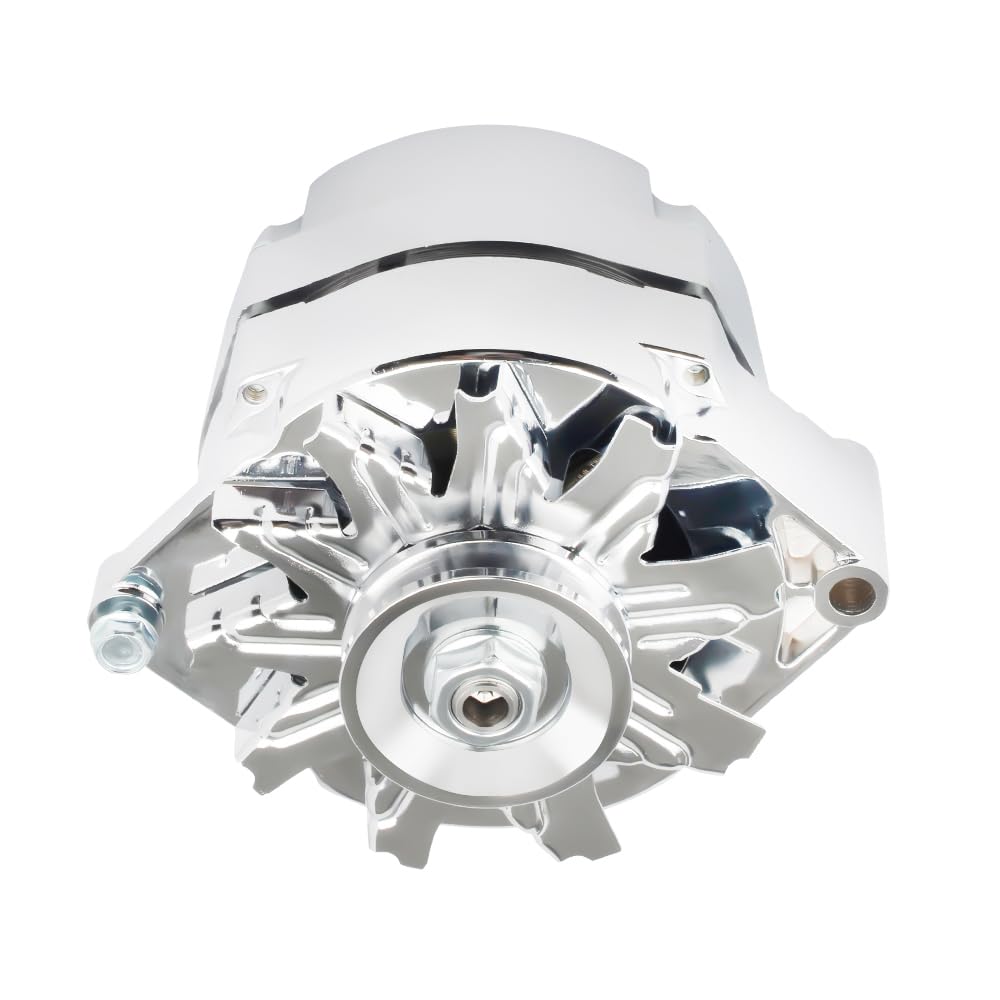 E EZEXPREZE alternator installed in an engine bay demonstrating fit on GM small-block for easier swap