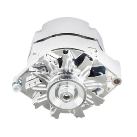 E EZEXPREZE alternator installed in an engine bay demonstrating fit on GM small-block for easier swap