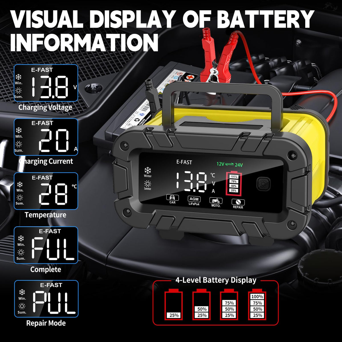E-FAST LED display close-up showing charging status and clear information