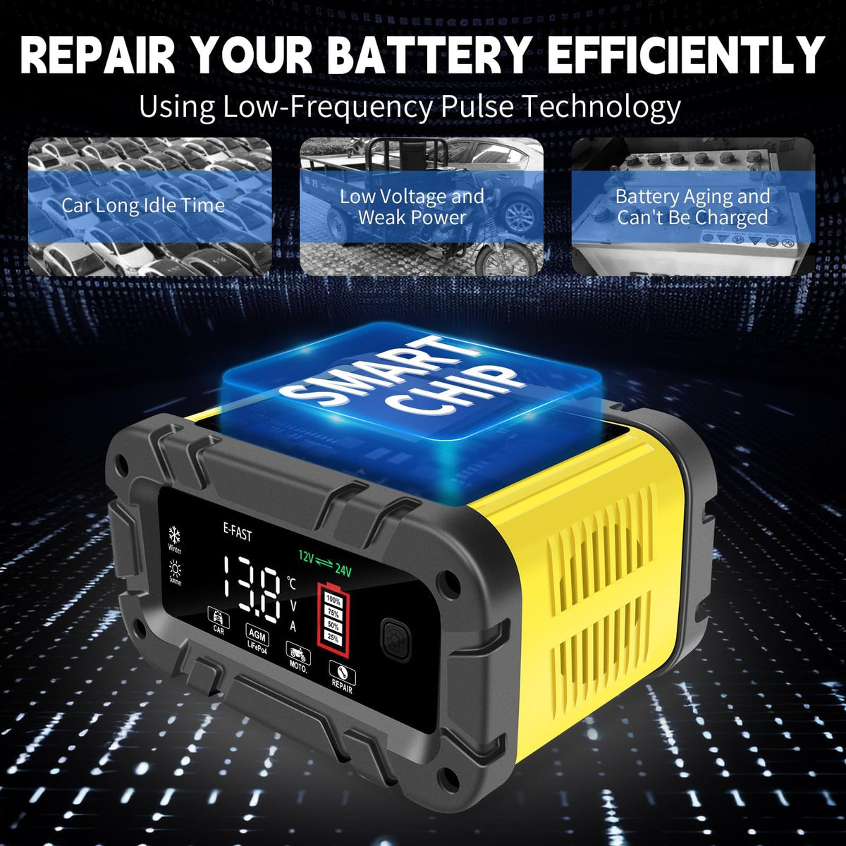 E-FAST unit set to LiFePO4 mode demonstrating safe lithium charging benefit