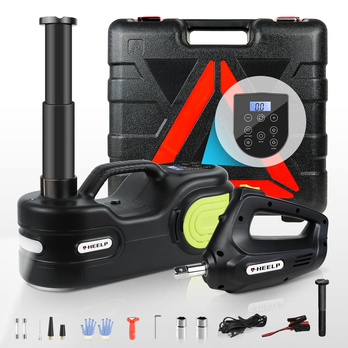 E-HEELP front view of toolbox and jack showing organized kit and quick access