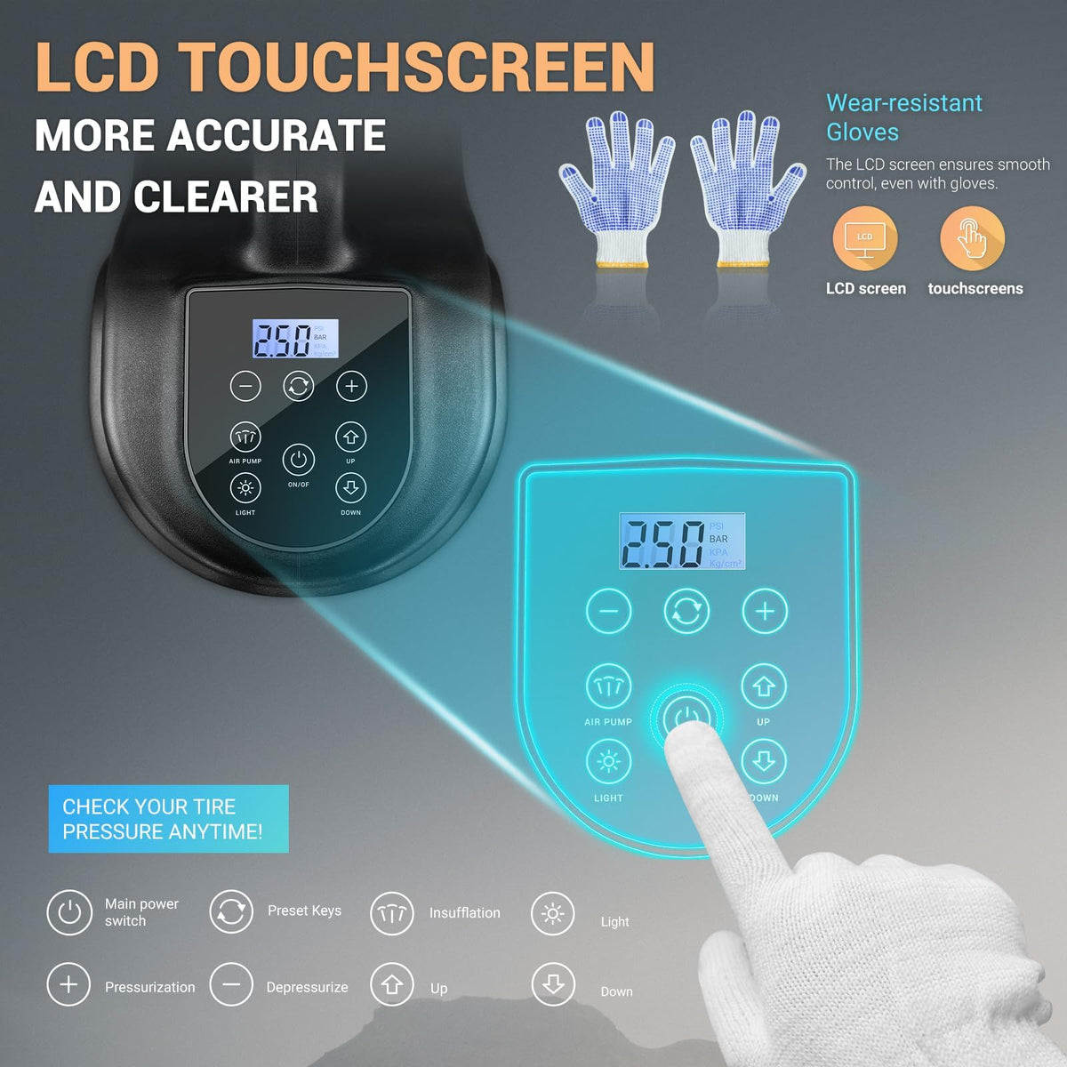 E-HEELP LCD display and air pump showing accurate pressure control and presets