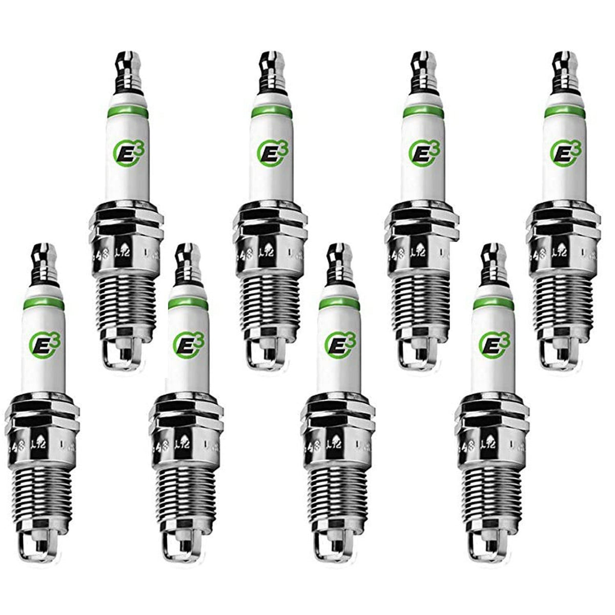 E3 brand front view of eight-pack spark plugs showing packaged set and easy replacement