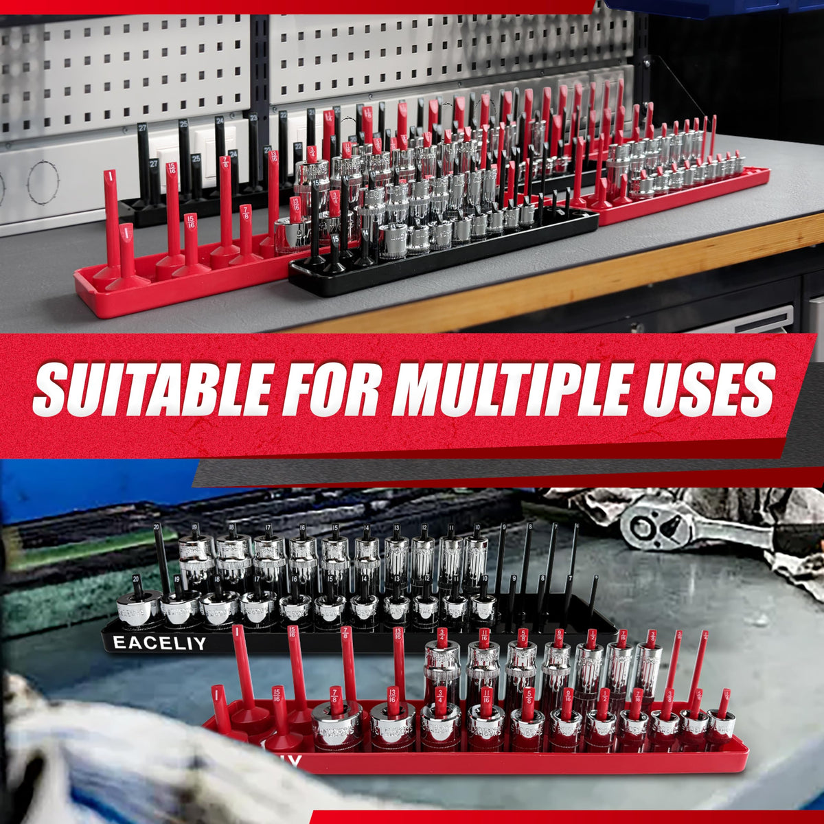 EACELIY tray beside various sockets showing scale and which shallow and deep sizes fit