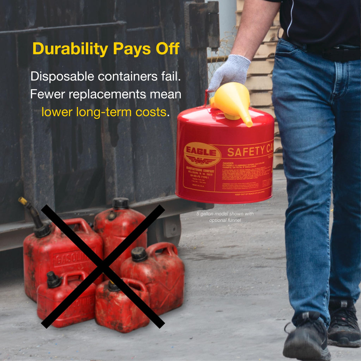 Eagle can beside tools to show 5-gallon size and transport convenience