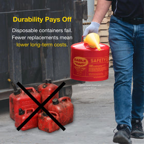 Eagle can beside tools to show 5-gallon size and transport convenience