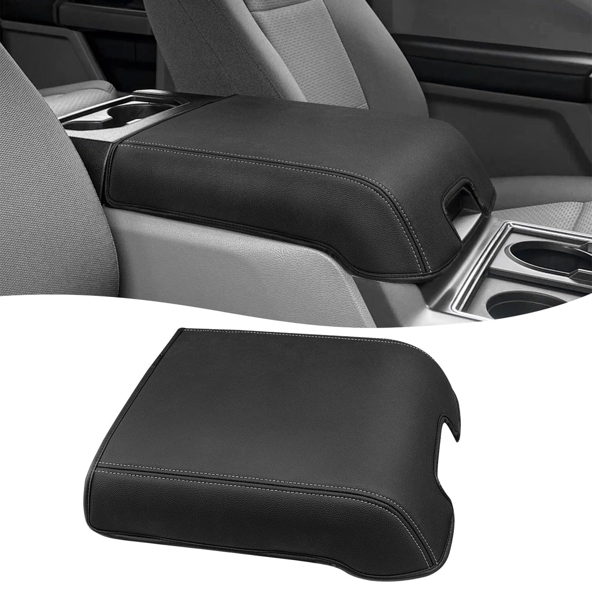 Eaglecover front view showing sleek PU leather and gray stitch, protects armrest