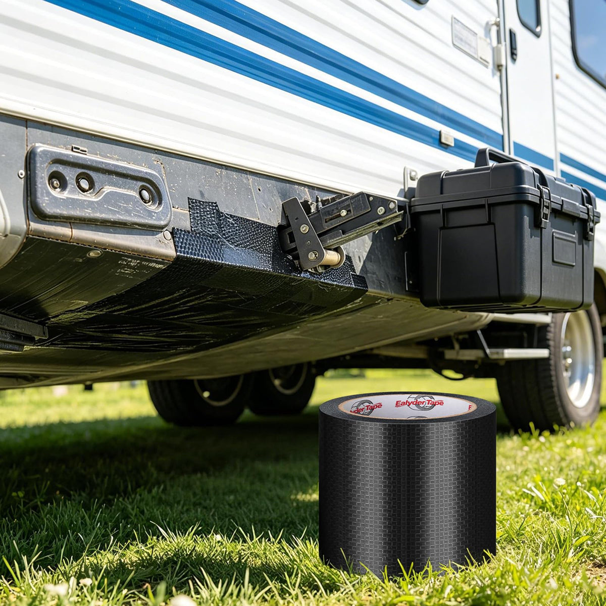 Ealyder Tape being applied to an RV underbelly demonstrating quick DIY repair and sealing benefit