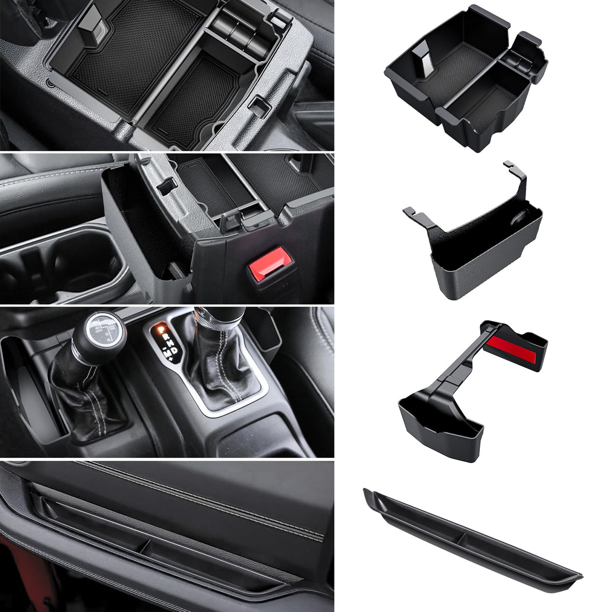 Eamplest front view of center console organizer showing neat compartments and quick access