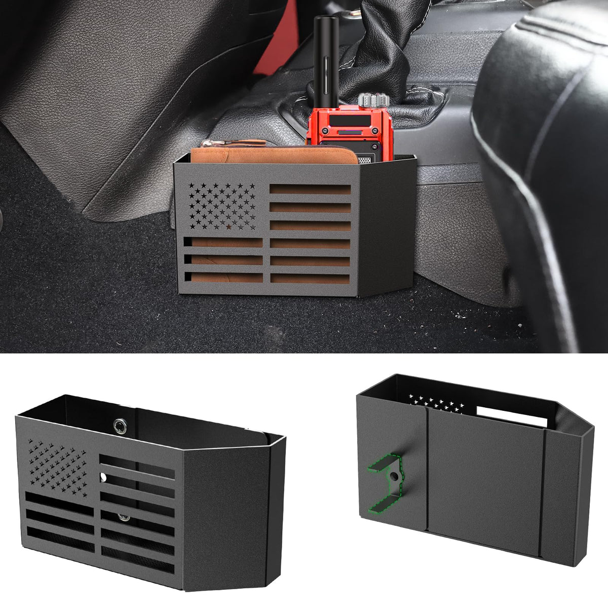 Eamplest front view console organizer showing secure fit and increased storage benefit
