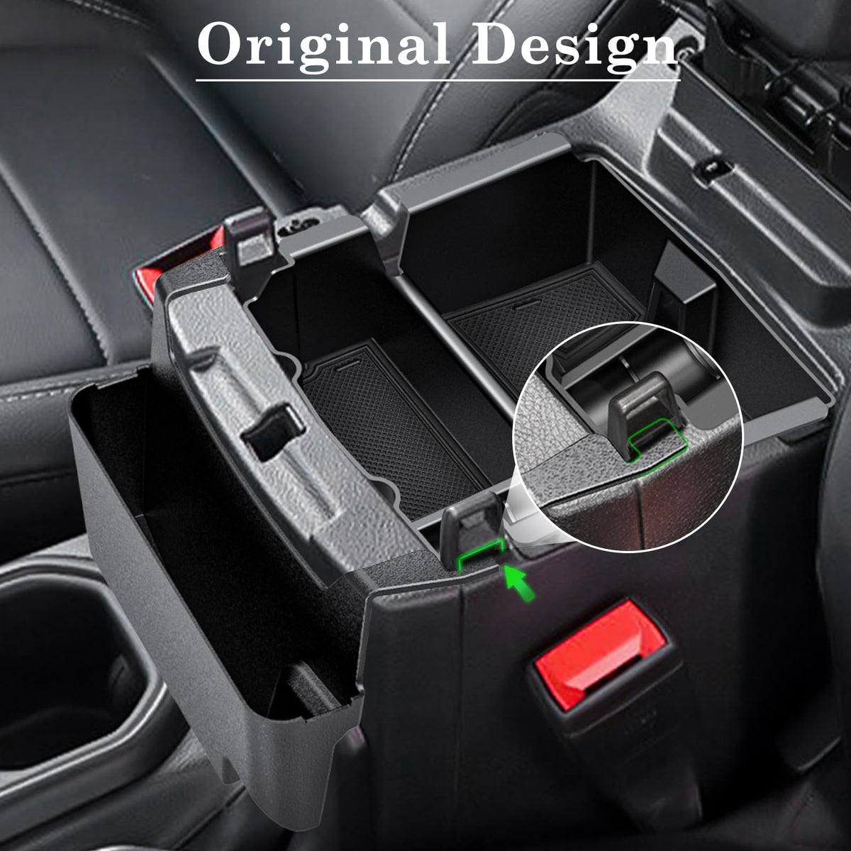 Eamplest gear-shift side tray in use providing extra reachable storage beside shifter