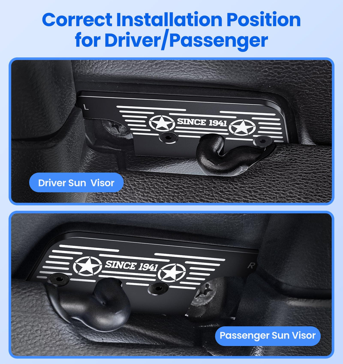Eamplest installed on Jeep Wrangler interior providing secure visor hold