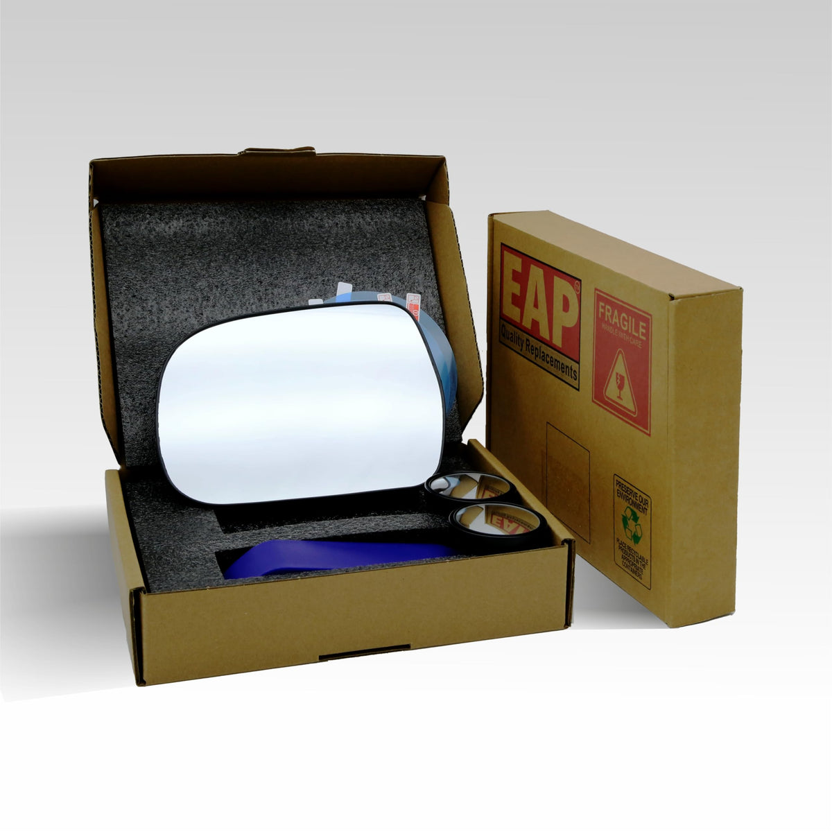 EAP pry tool next to mirror illustrating easy safe removal and install