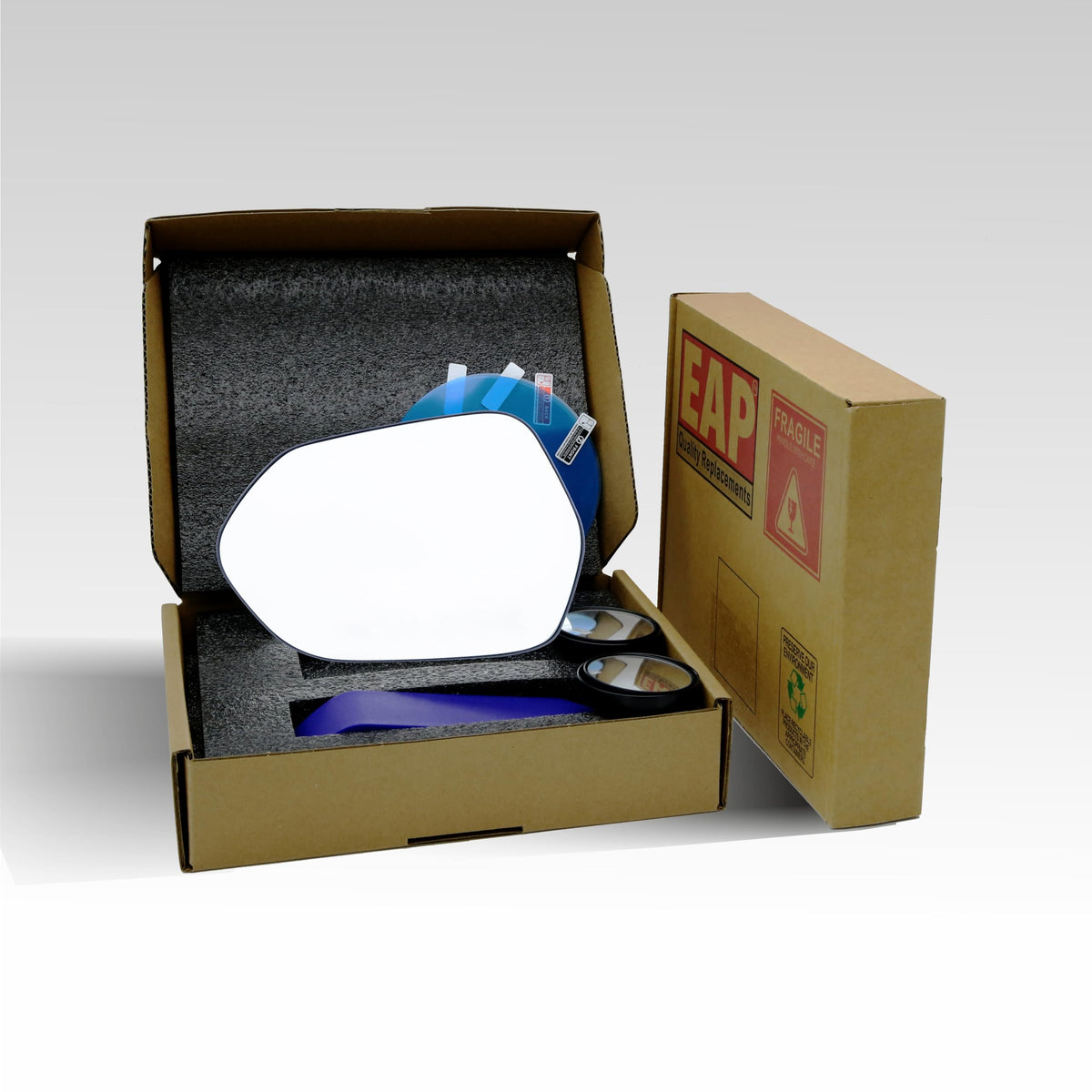 EAP mirror displayed with two 2-inch spotter mirrors and pry tool for easier installation
