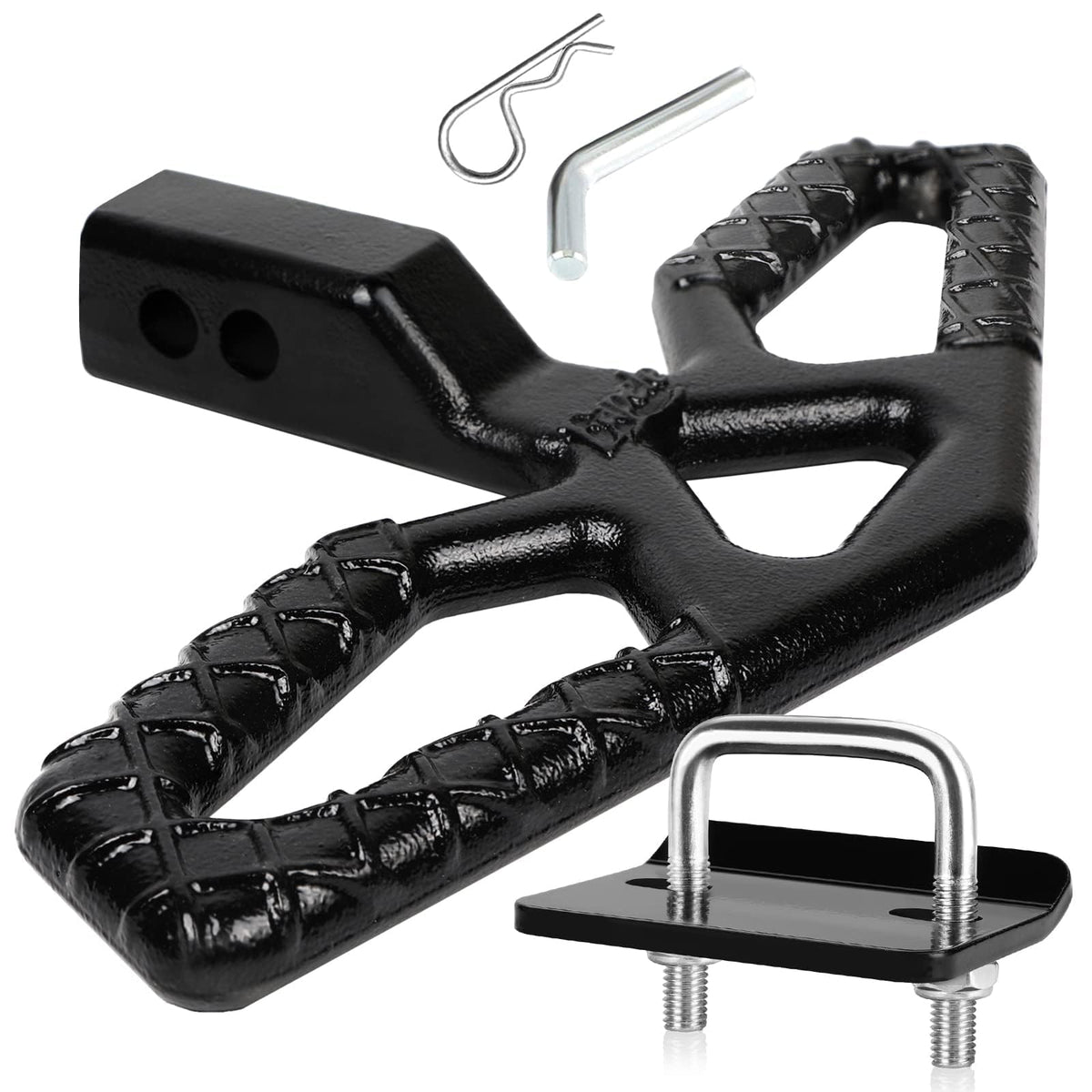 Eapele front view of hitch step showing sturdy steel and compact profile, adds stable access