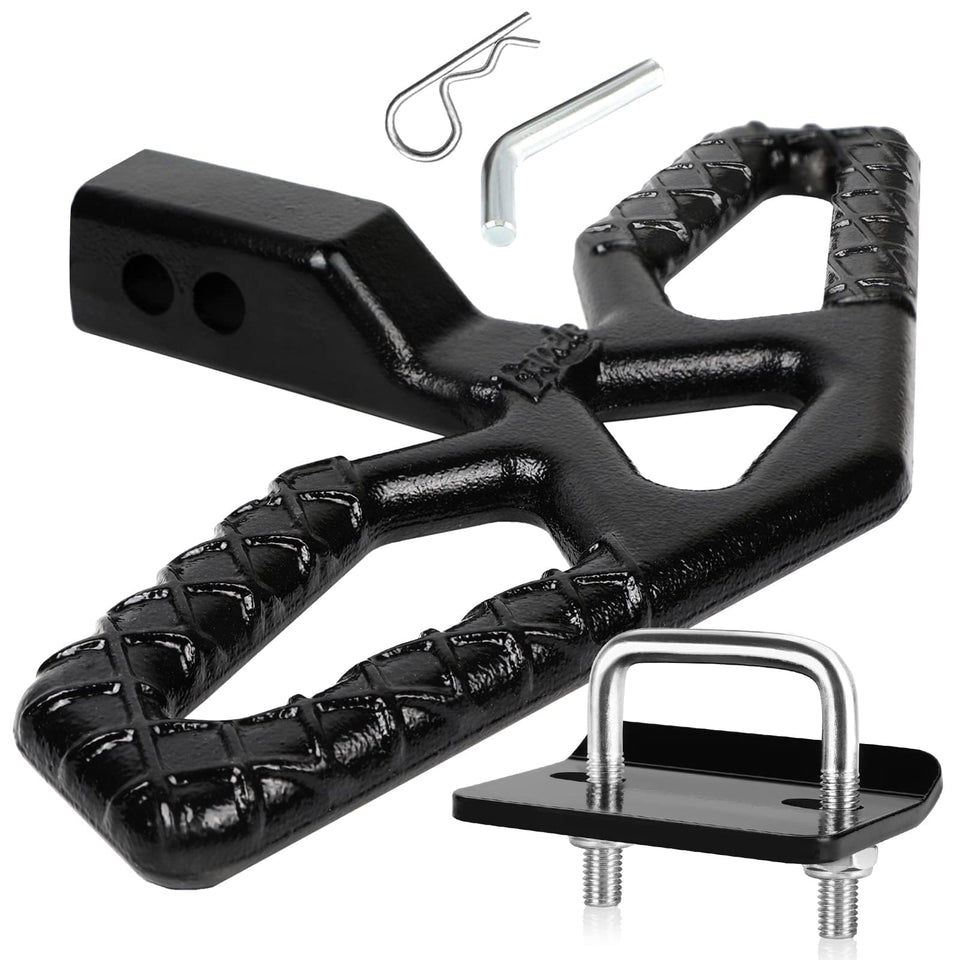 Eapele front view of hitch step showing sturdy steel and compact profile, adds stable access