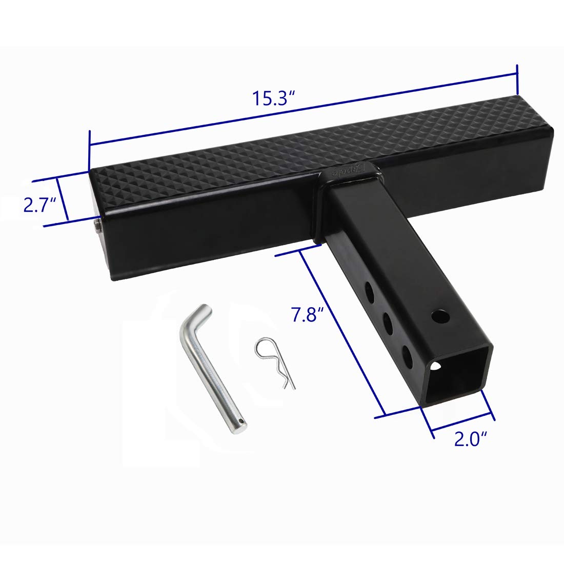 Eapele hitch step label and included pin and clip highlighting easy installation