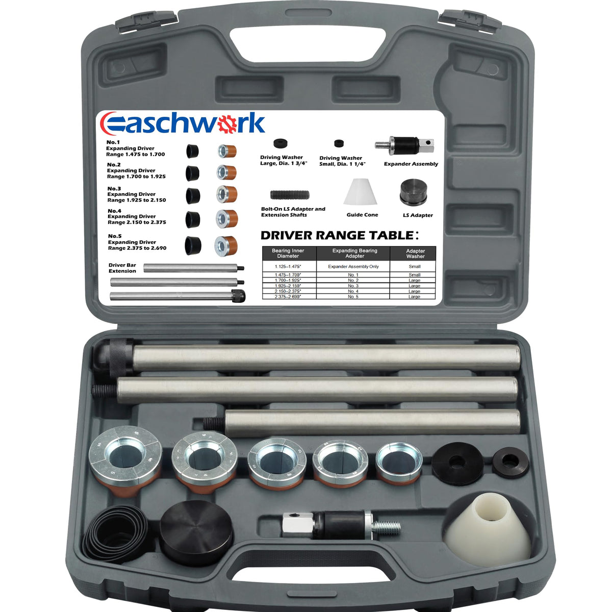easchwork front packaging showing full cam bearing kit and benefit of complete set