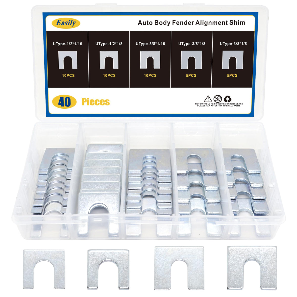 Easily front packaging showing organized shim kit and quick access benefit
