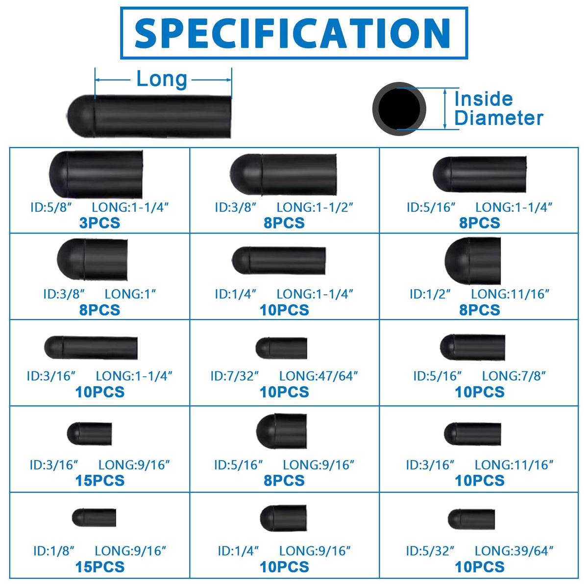 Easily close view of size chart and separated cap quantities, helping pick correct diameter quickly