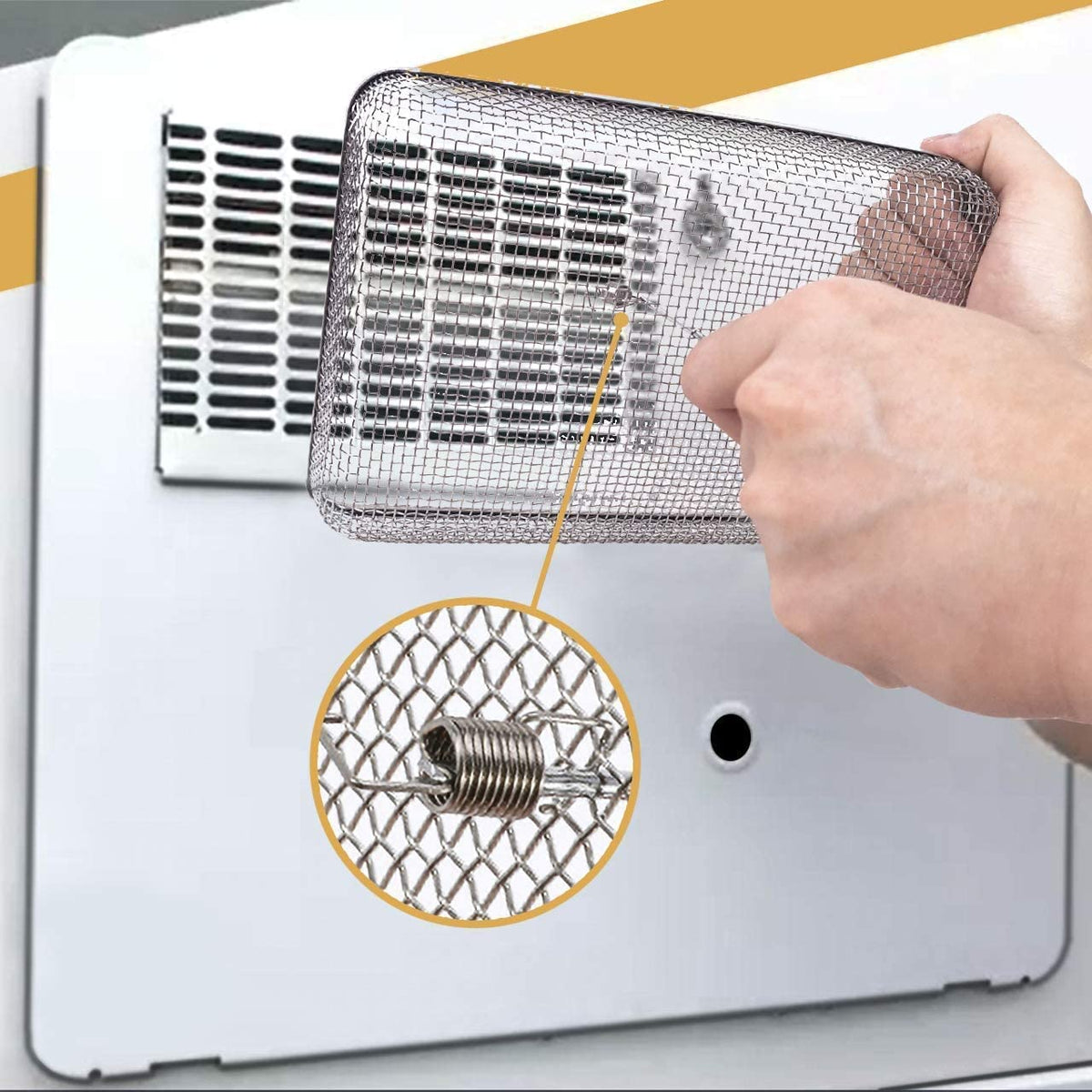 Eazy2hD installed on RV furnace vent to block insects and debris