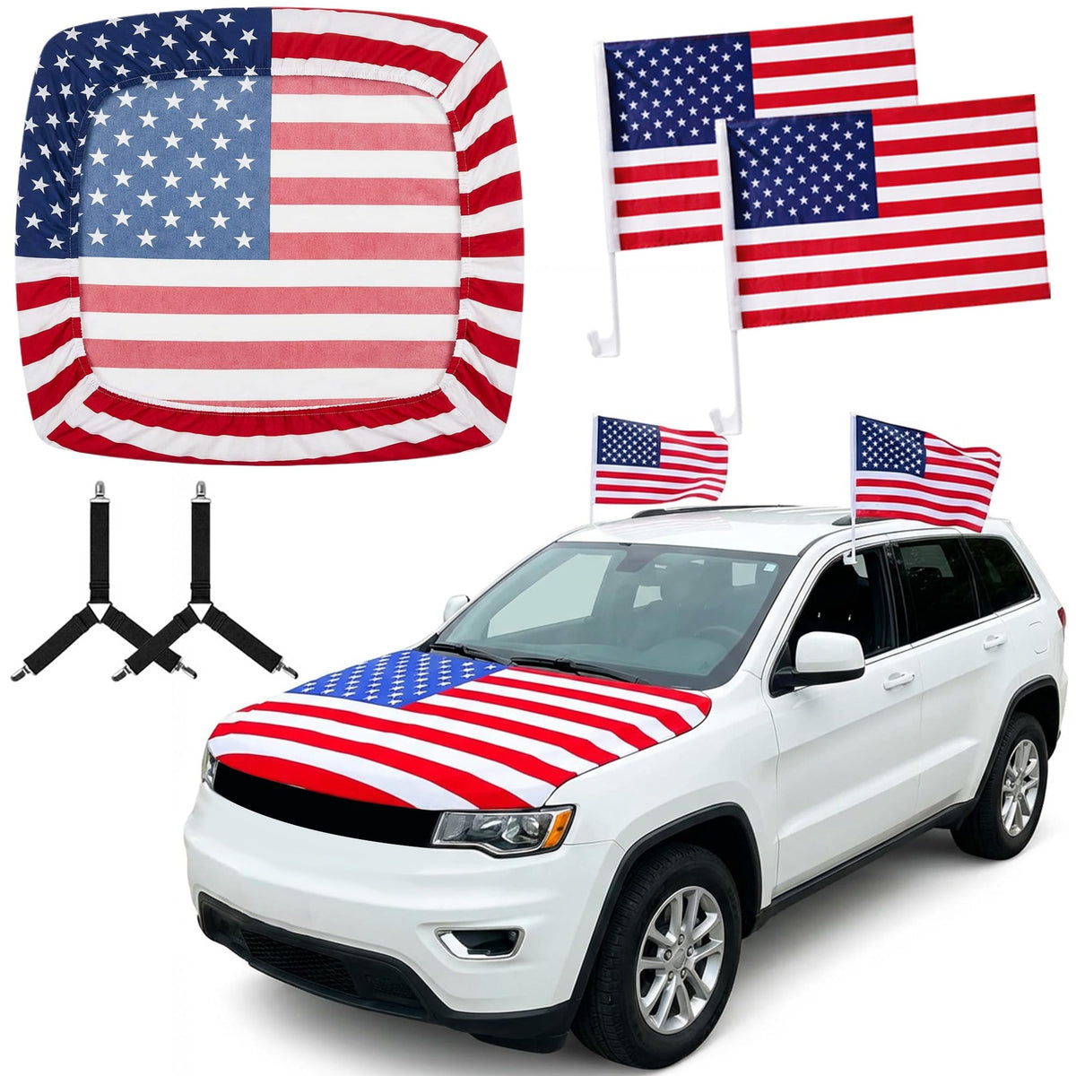 EBaokuup front view of American flag hood cover showing full design and bold colors for visibility