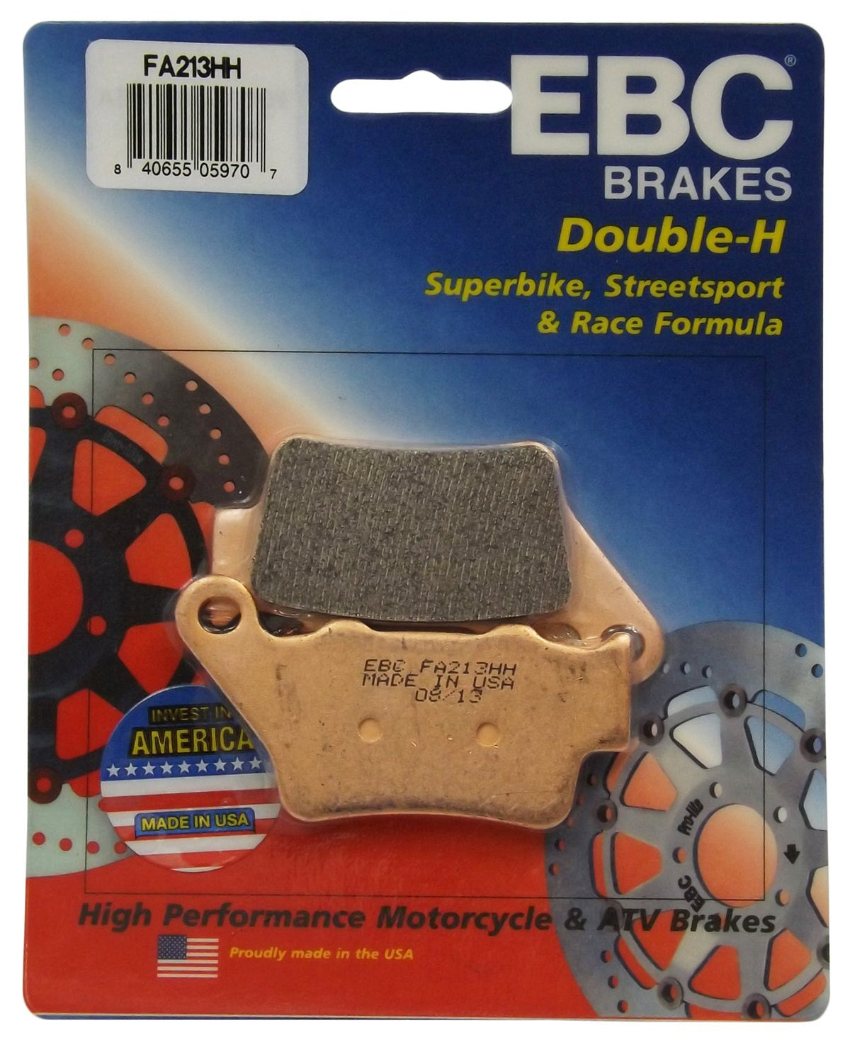 EBC FA 213HH front view showing pad shape and backing plate with clear branding and fitment benefit