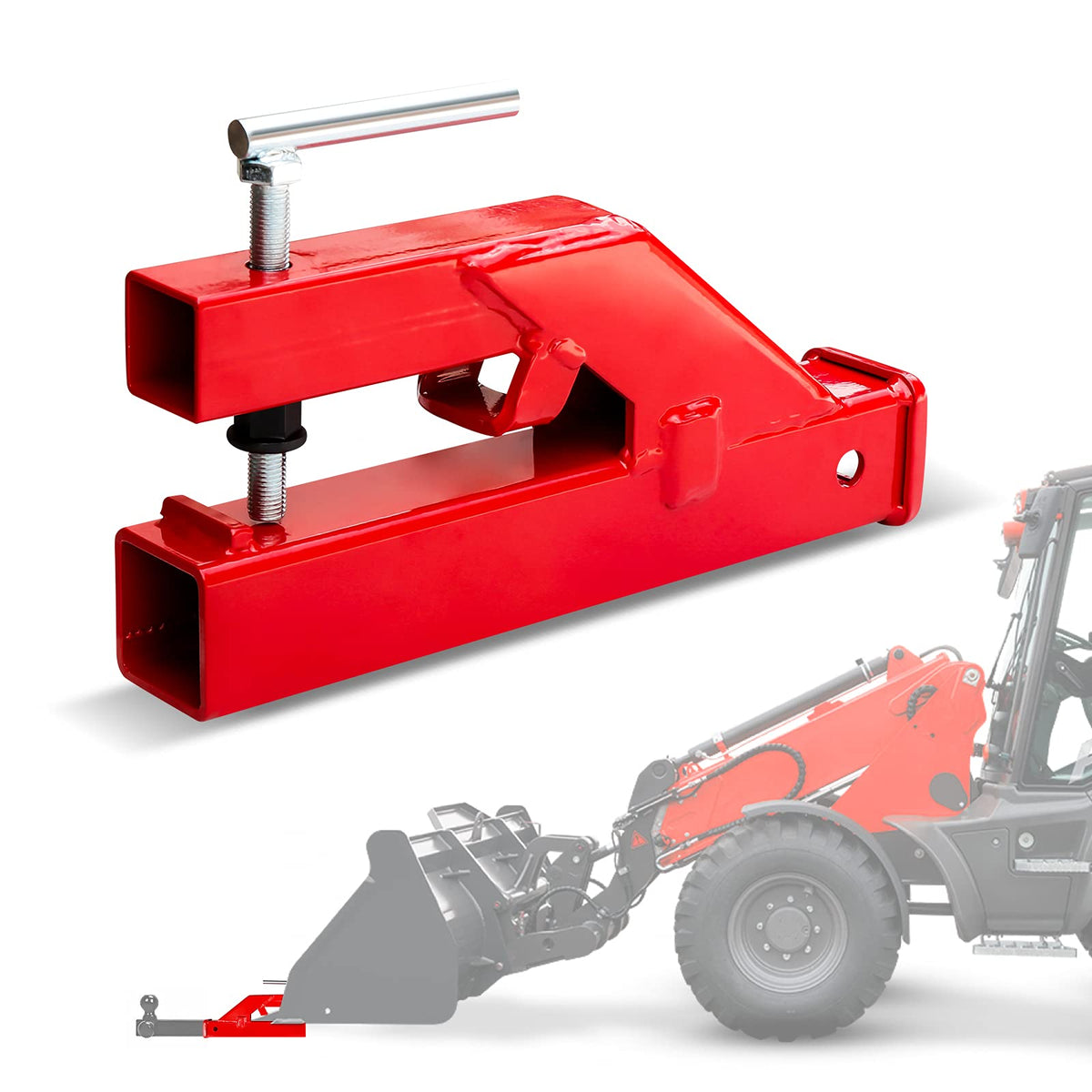 EBESTTECH front view of bucket hitch showing robust receiver and benefit of easy attachment