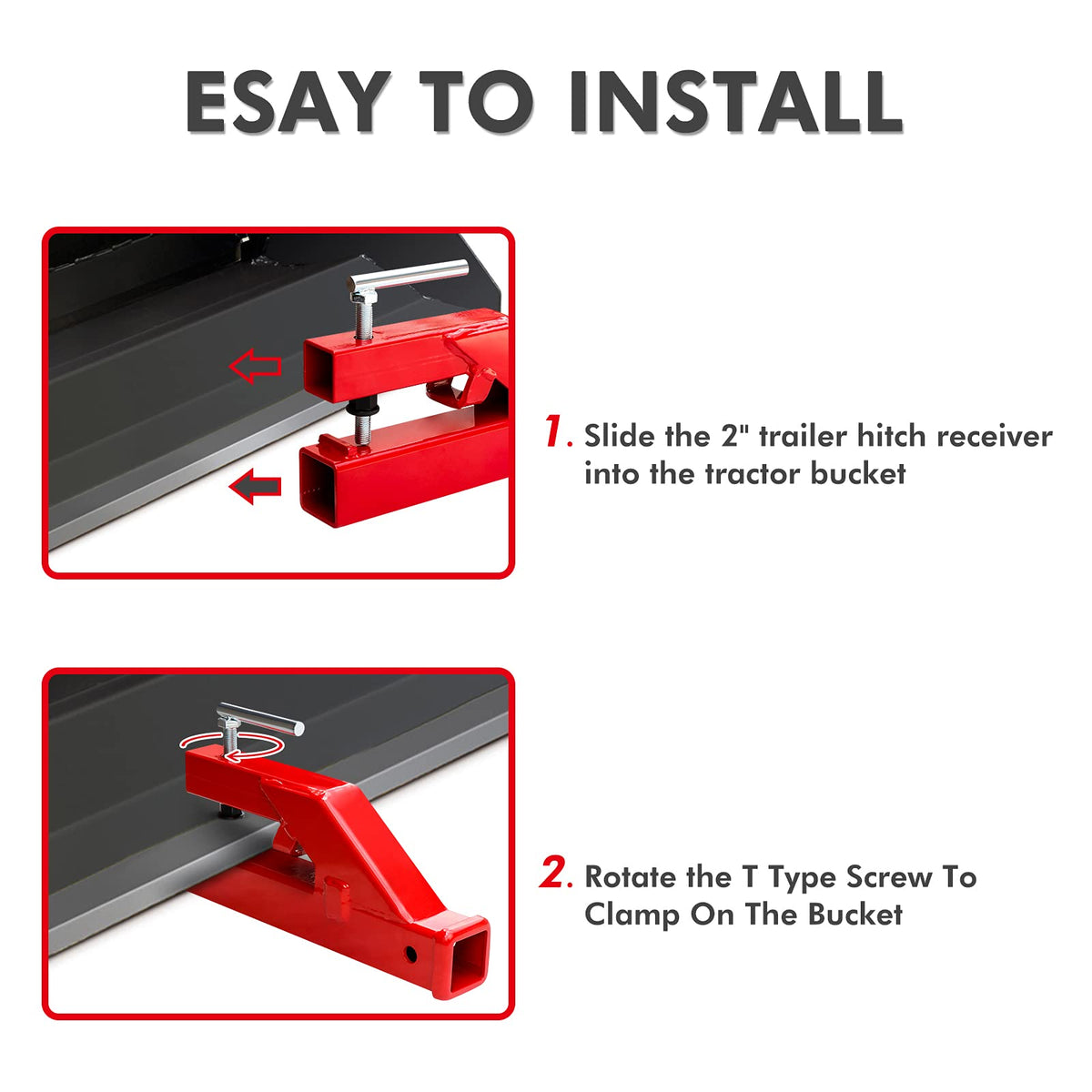 EBESTTECH hitch installed towing a trailer from a loader demonstrating front-mount utility