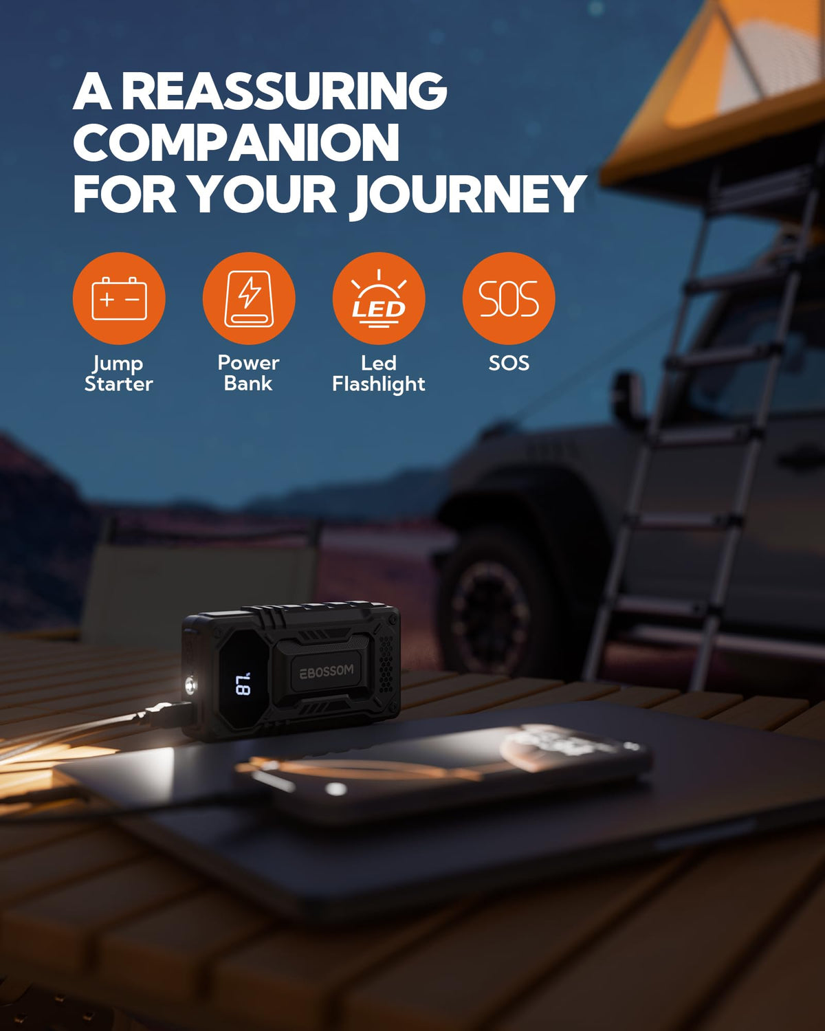 EBOSSOM JS6 in trunk scale comparison showing compact size and easy storage