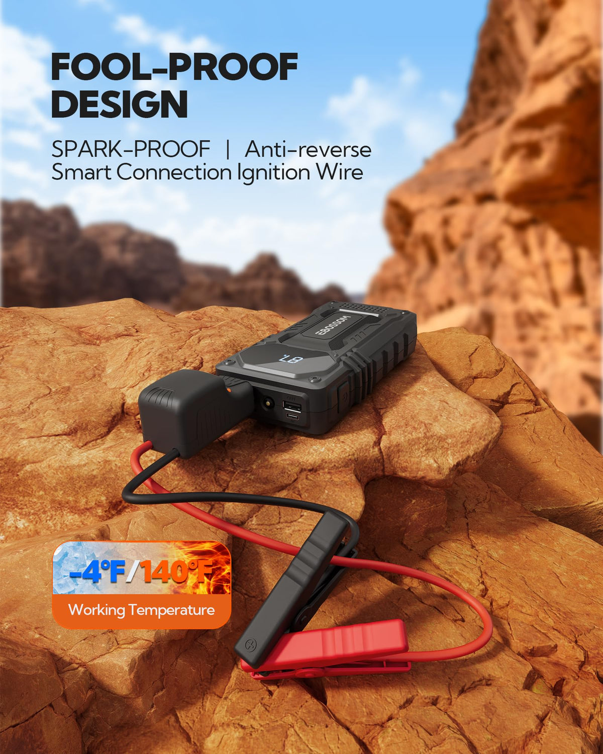 EBOSSOM USB-C port detail highlighting fast recharge capability and convenience