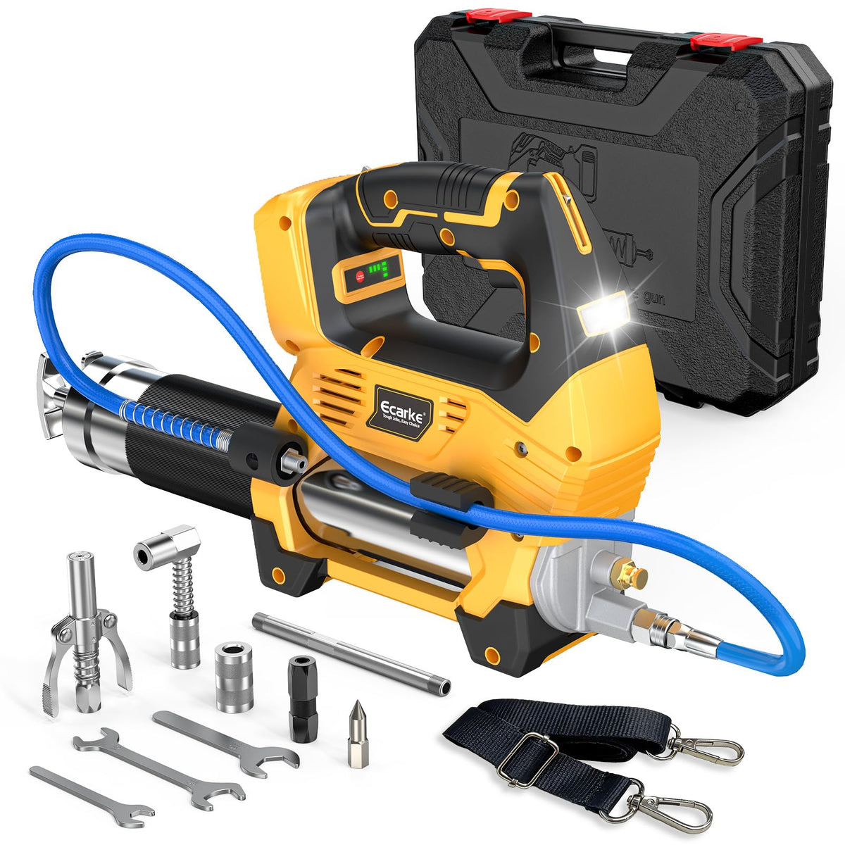 Ecarke grease gun front view showing compact body and DeWalt battery fit for portability