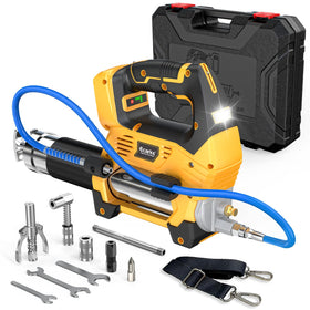 Ecarke grease gun front view showing compact body and DeWalt battery fit for portability