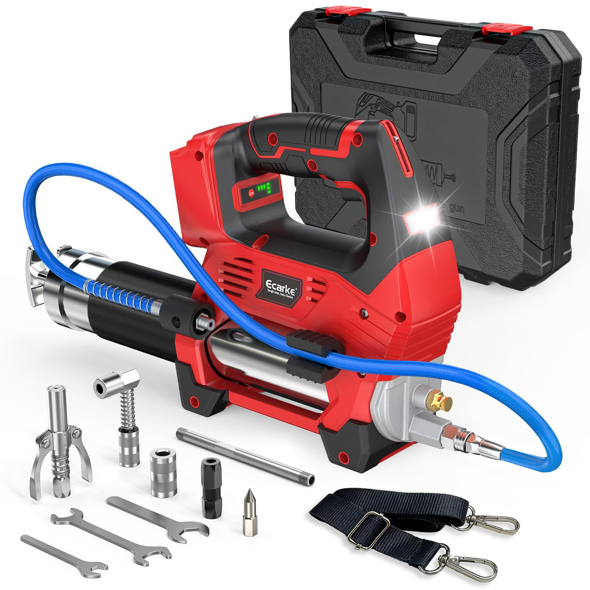 Ecarke grease gun front view showing tool layout and fast setup benefit