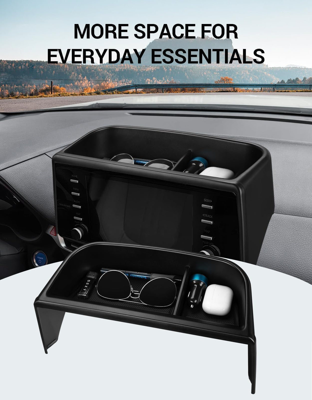 Ecarzo lifestyle shot inside Sienna illustrating tidy cabin and convenience benefit