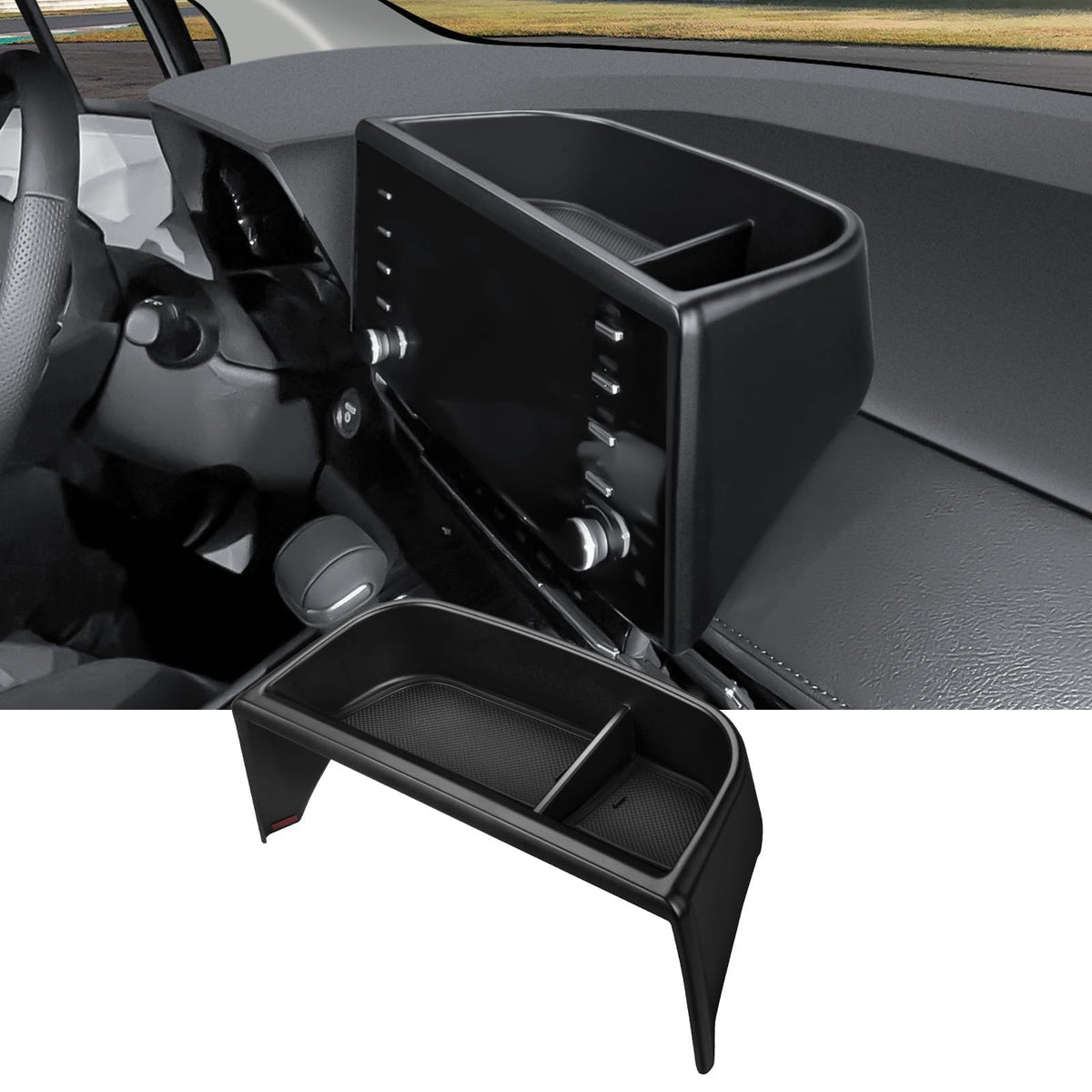 Ecarzo front view of dash tray showing clean OEM fit and added storage benefit