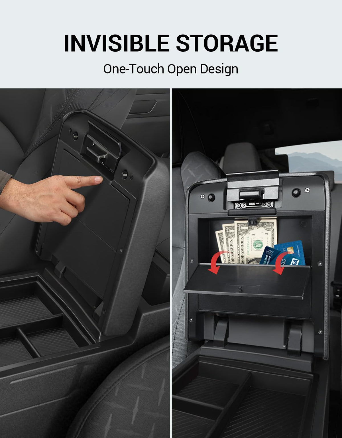 Ecarzo hidden armrest open showing concealed cash storage and privacy